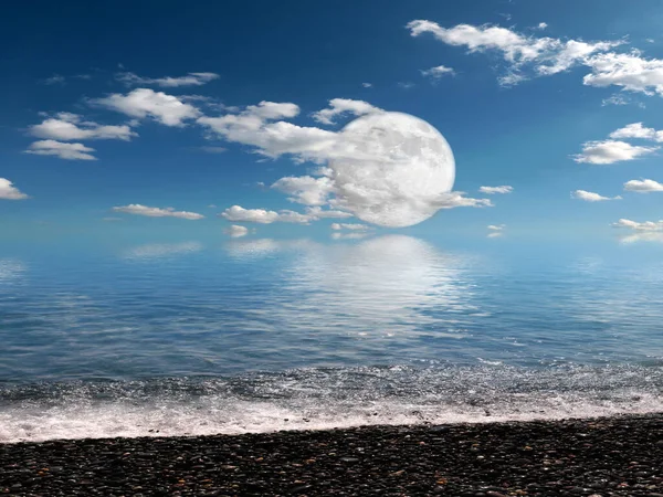 Luna Enorme Cielo Que Fija Sobre Playa Del Mar Arenoso — Foto de Stock