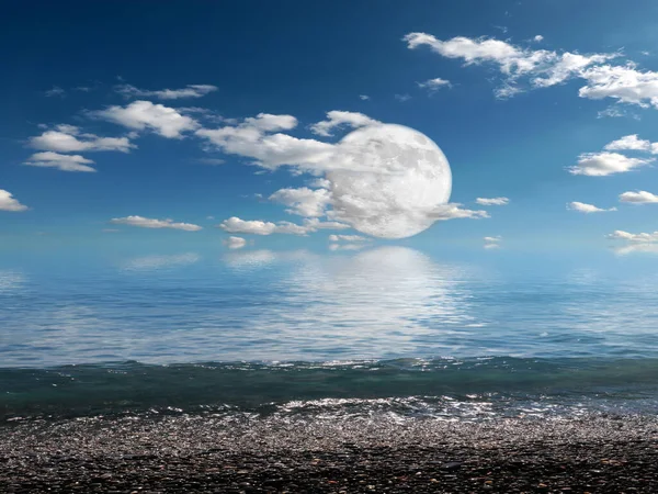 Luna Enorme Cielo Que Fija Sobre Playa Del Mar Arenoso — Foto de Stock