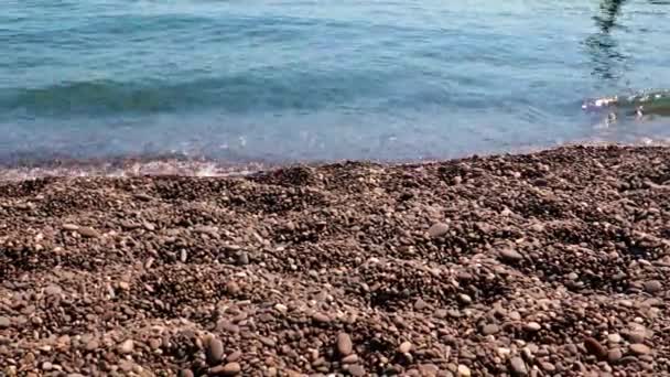 Clean Sea Waves Run Sandy Pebble Beach Resting Place — Stock Video