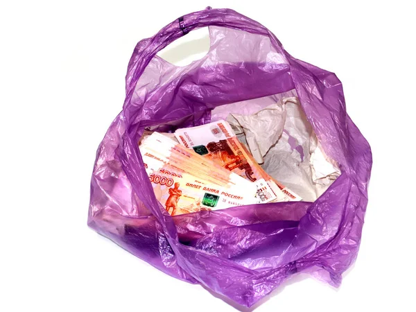 Plastic Zak Gevuld Met Biljetten Van Vijfduizendste Papierroebel — Stockfoto