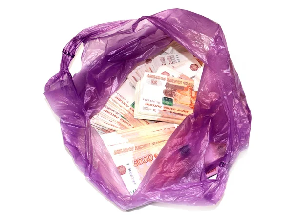 Bolsa Plástico Llena Billetes Cinco Mil Rublos Papel — Foto de Stock
