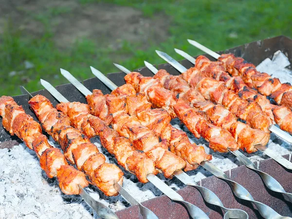 Rauw Vlees Koken Boven Een Open Vuur Bijenkorven Een Houtskoolgrill — Stockfoto