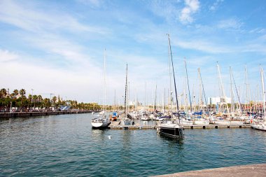 İspanya 'nın Barselona limanında zarif deniz yatları duruyor.