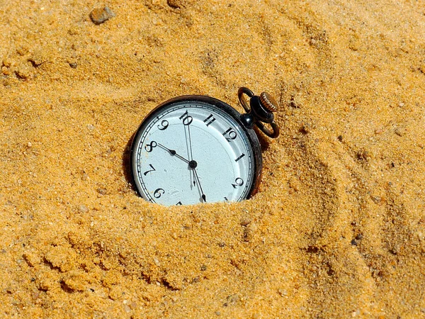 antique pocket watch lies in the sand as part of the passage of time