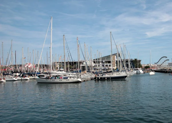 Beautiful Graceful Sea Yachts Stand Port Barcelona Spain — Stock Photo, Image