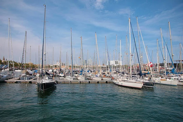 Beautiful Graceful Sea Yachts Stand Port Barcelona Spain — Stock Photo, Image