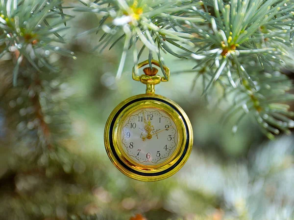 Relógio Bolso Vintage Pendura Árvore Como Símbolo Próximo Natal Ano — Fotografia de Stock