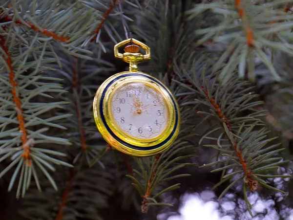 Reloj Bolsillo Vintage Encuentran Las Ramas Pino Festivo Año Nuevo — Foto de Stock