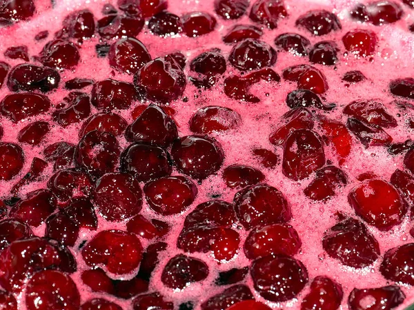 Boiling Foam Surface Cherry Jam Cooking Fire — Stock Photo, Image