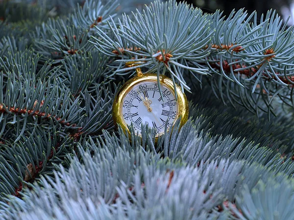 Ρολόι Vintage Κρέμεται Ένα Κλαδί Του Πεύκου Των Χριστουγέννων — Φωτογραφία Αρχείου