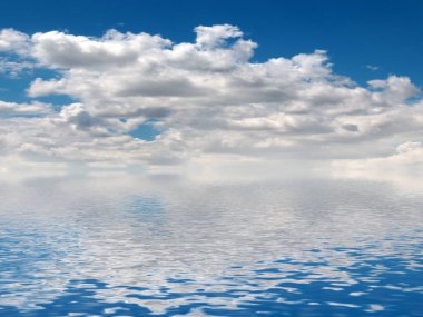 Sakin bir okyanusun yüzeyindeki bulutlu gökyüzünün yansıması.