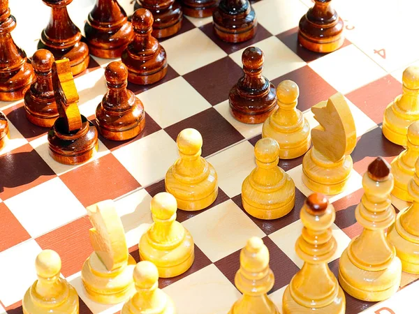 Wooden Pieces Prepared Tournament Chess Board — Stock Photo, Image