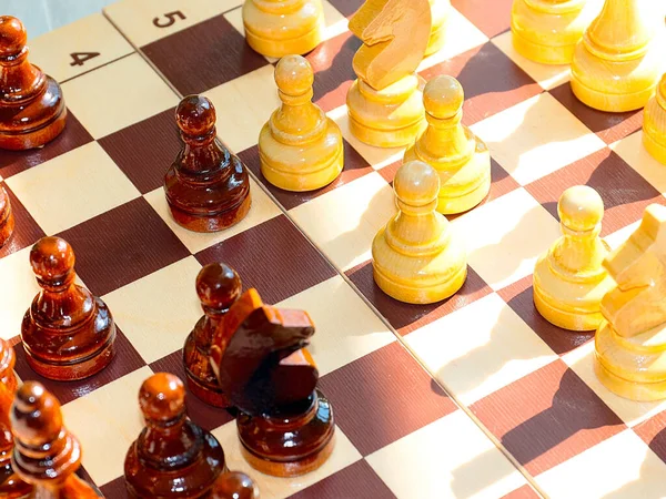 Satranç Tahtasındaki Turnuvaya Hazırlanan Tahta Parçaları — Stok fotoğraf