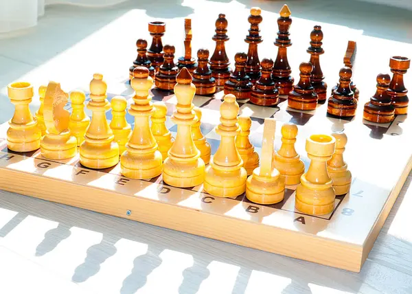 Peças Madeira Preparadas Para Torneio Tabuleiro Xadrez — Fotografia de Stock