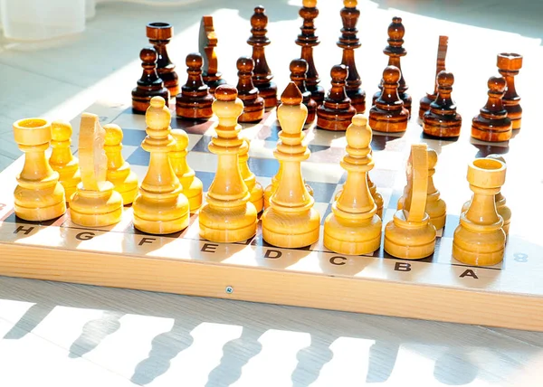 Peças Madeira Preparadas Para Torneio Tabuleiro Xadrez — Fotografia de Stock