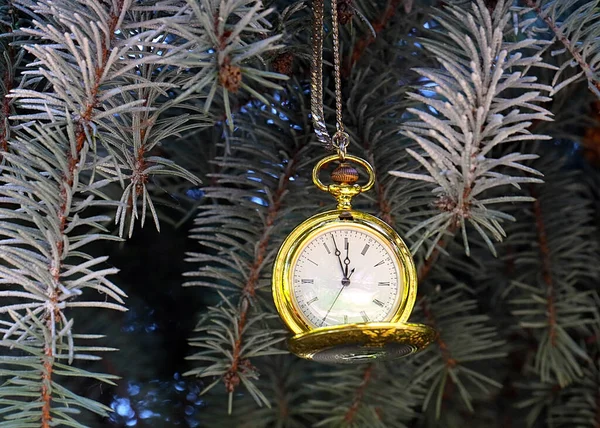 Relógio Bolso Antigo Pendurado Ramo Árvore Natal — Fotografia de Stock