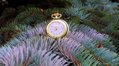 Altın bir çantanın içindeki antika saat bir Noel ağacının dalında yatıyor.