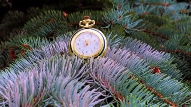 Altın bir çantanın içindeki antika saat bir Noel ağacının dalında yatıyor.