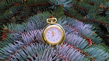 Altın bir çantanın içindeki antika saat bir Noel ağacının dalında yatıyor.