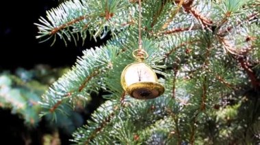 Altın bir çantanın içindeki antika saat bir Noel ağacının dalında yatıyor.