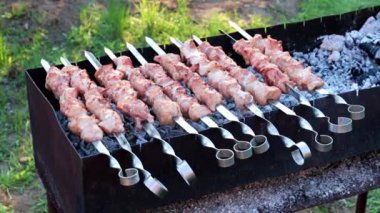 Barbekü pişirirken, şişte taze et parçaları.