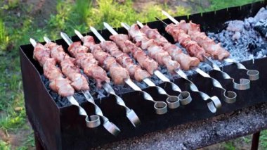 Barbekü pişirirken, şişte taze et parçaları.