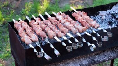 Barbekü pişirirken, şişte taze et parçaları.