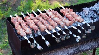 Barbekü pişirirken, şişte taze et parçaları.