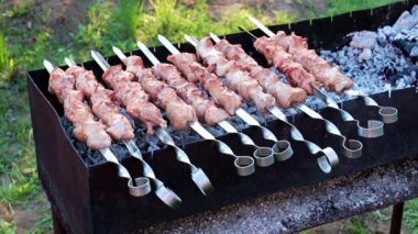 Barbekü pişirirken, şişte taze et parçaları.