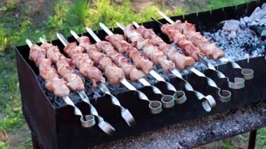 Barbekü pişirirken, şişte taze et parçaları.