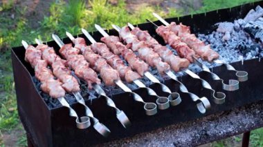 Barbekü pişirirken, şişte taze et parçaları.