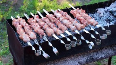 Barbekü pişirirken, şişte taze et parçaları.