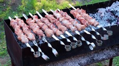 Barbekü pişirirken, şişte taze et parçaları.