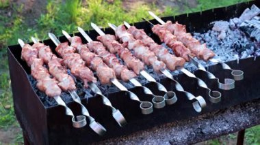 Barbekü pişirirken, şişte taze et parçaları.