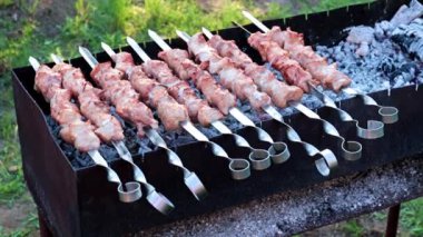 Barbekü pişirirken, şişte taze et parçaları.