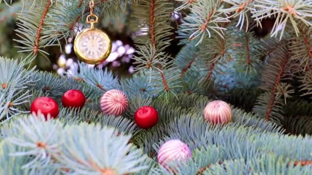 Taschenuhr Und Weihnachtsschmuck Auf Tannenzweigen — Stockvideo