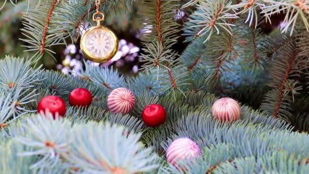 Taschenuhr Und Weihnachtsschmuck Auf Tannenzweigen — Stockvideo