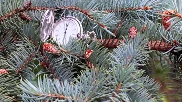 Vintage Taschenuhr Und Weihnachtsbaum Als Symbol Des Feiertags — Stockvideo