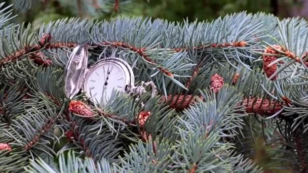 Retro Kapesní Hodinky Vánoční Stromek Jako Symbol Dovolené — Stock video