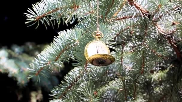 Reloj Bolsillo Antiguo Vintage Colgando Una Rama Árbol Navidad — Vídeo de stock