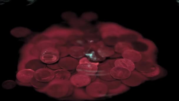 Bloody Drop Falls Surface Liquid Which Pile Metal Coins Russian — Stock Video