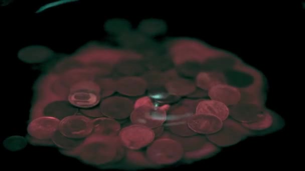 Bloody Drop Falls Surface Liquid Which Pile Metal Coins Russian — Stock Video