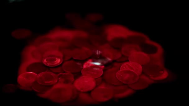 Bloody Drop Falls Surface Liquid Which Pile Metal Coins Russian — Stock Video
