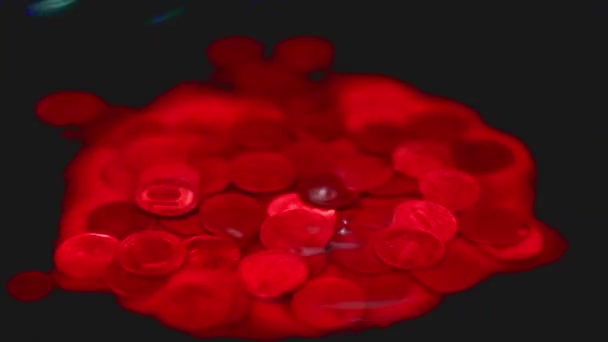 Bloody Drop Falls Surface Liquid Which Pile Metal Coins Russian — Stock Video