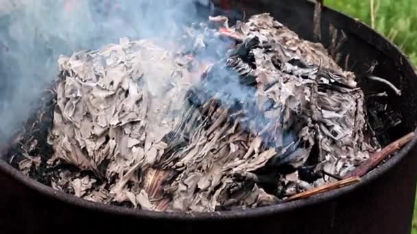 Grauer Rauch Und Helle Flammen Aus Brennenden Buchführungsunterlagen — Stockvideo