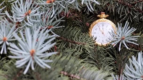 Orologio Tasca Vintage Una Cassa Oro Rami Albero Natale — Video Stock