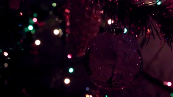 クリスマスツリーの枝にあるガラス製の絶妙なおもちゃ — ストック動画