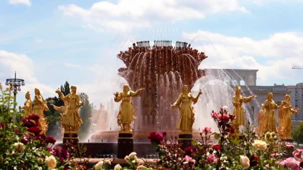 黄金の噴水できれいな水ジェット モスクワの街の公園の人々の友情ロシア — ストック動画