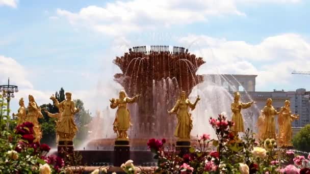 清澈的水柱在金色的喷泉里人民的友谊在莫斯科市公园里俄罗斯 — 图库视频影像
