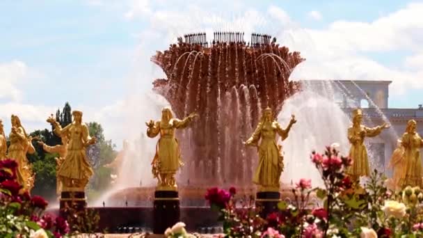 Schone Waterstralen Gouden Fontein Vriendschap Van Volkeren Het Park Van — Stockvideo